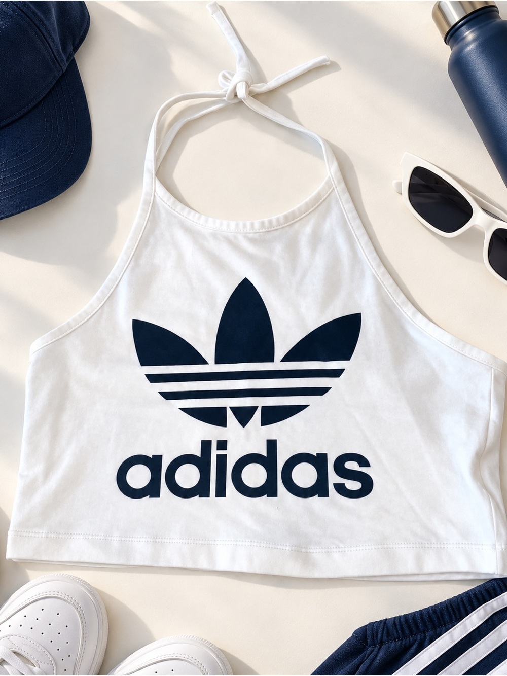 adidas White Halter Crop Top with Black Trefoil Logo